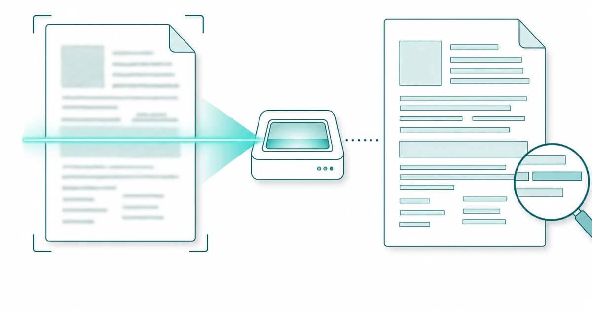 A scanned page of text being read by optical character recognition and turned into selectable text inside a browser window.