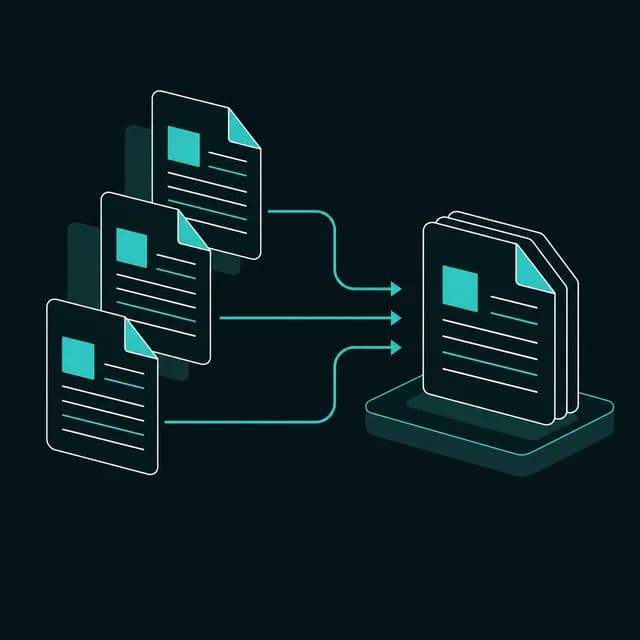 Illustration of multiple PDF pages merging into a single combined PDF file
