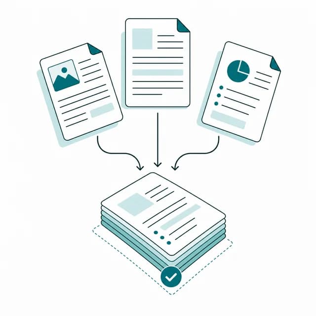 Illustration of multiple PDF pages merging into a single combined PDF file