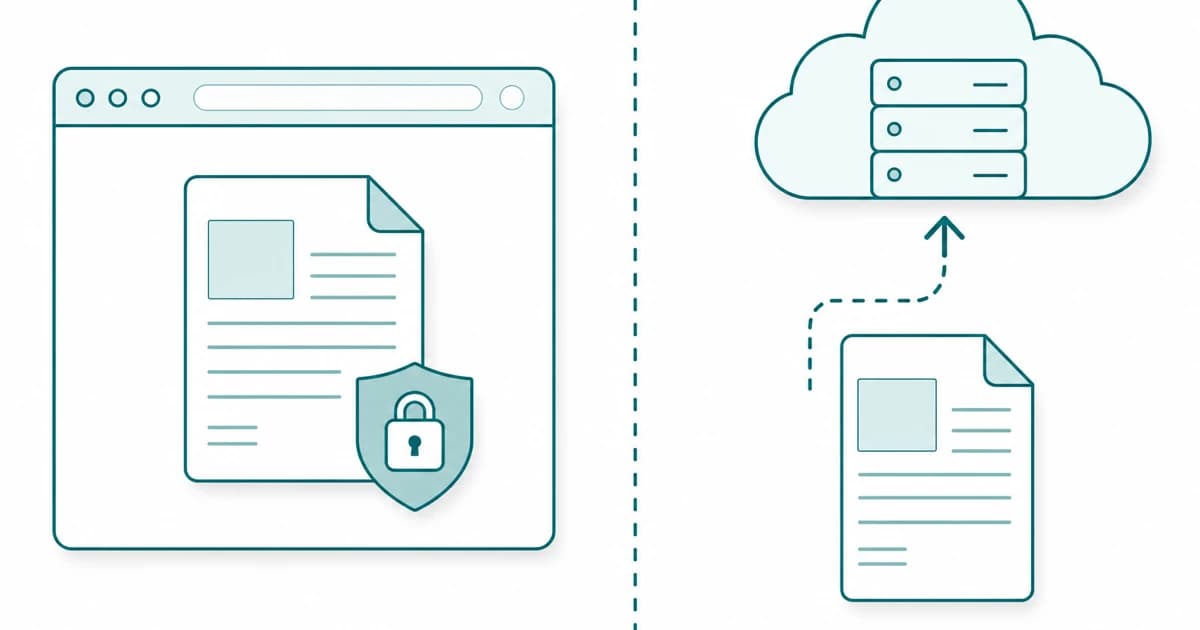 An illustration contrasting a PDF file that stays inside a browser window with one that is sent up to a remote server.