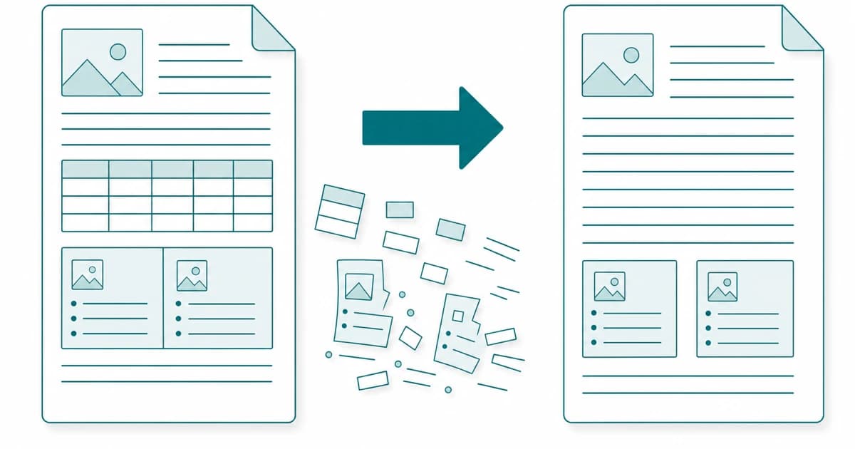 A PDF document transforming into an editable Word document, with some elements carrying over cleanly and others rearranging.