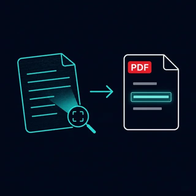 Illustration of a scanned page being converted by OCR into recognized, selectable text