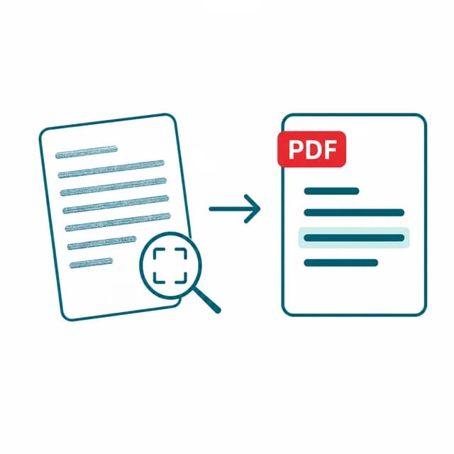 Illustration of a scanned page being converted by OCR into recognized, selectable text