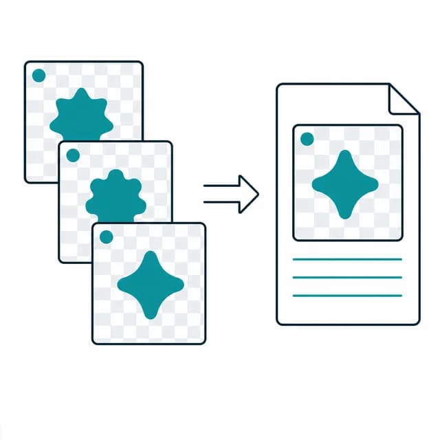 Illustration of transparent PNG graphics converting into a single PDF document